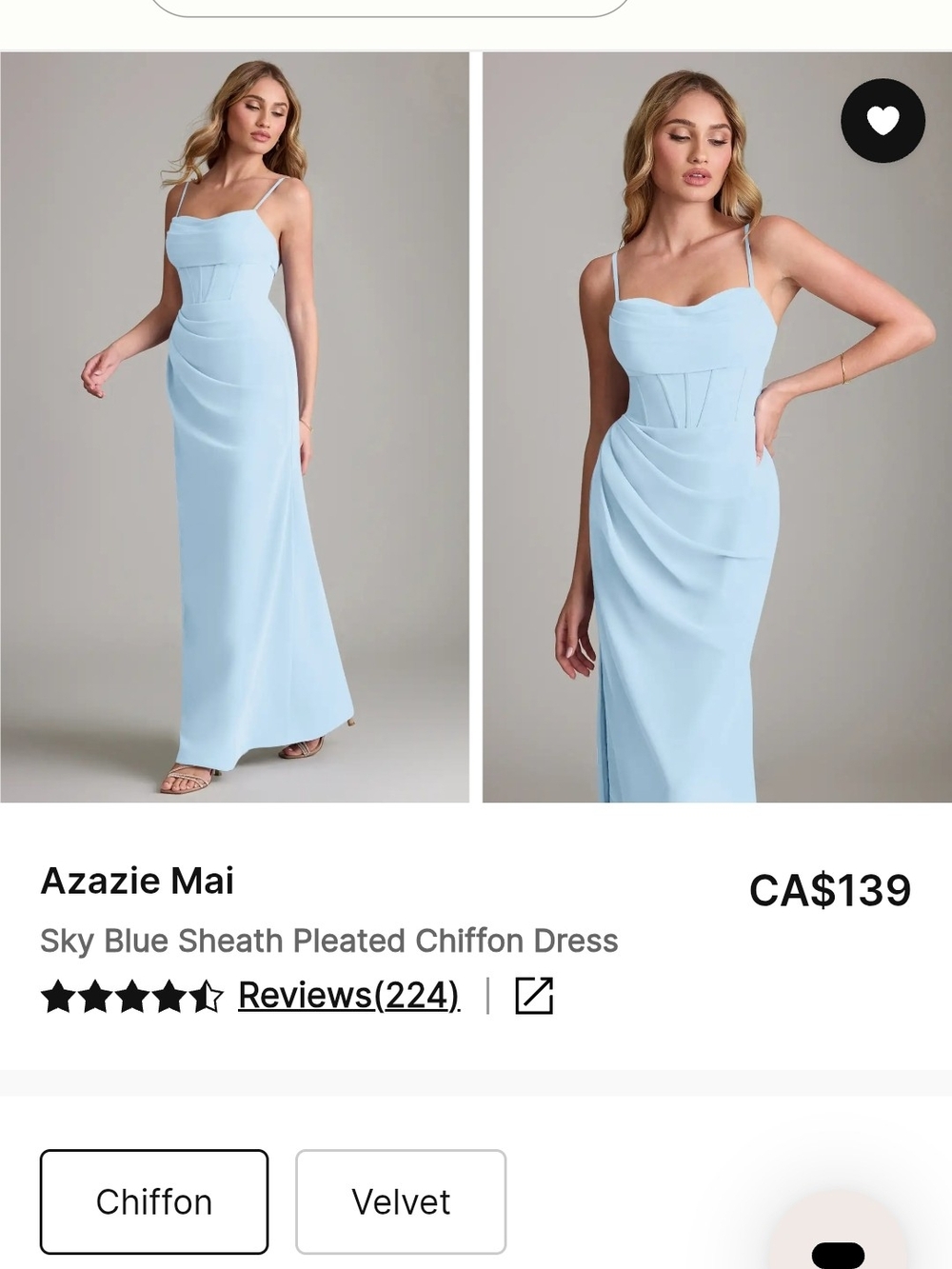 🎀Azazie Mai Sky Blue Sheath Pleated Chiffon Dress